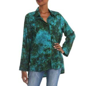Novica Java Emerald Batik Long Sleeve Teal Hi-Low Button Shirt L 23949